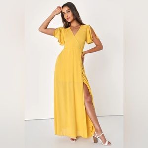 LULUS - Much Obliged Golden Yellow Wrap Maxi Dress - Size Small